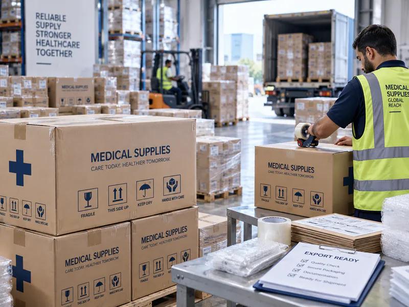 تجهيز وتعبئة كراتين المستلزمات الطبية للتوريد والتصدير داخل مستودع